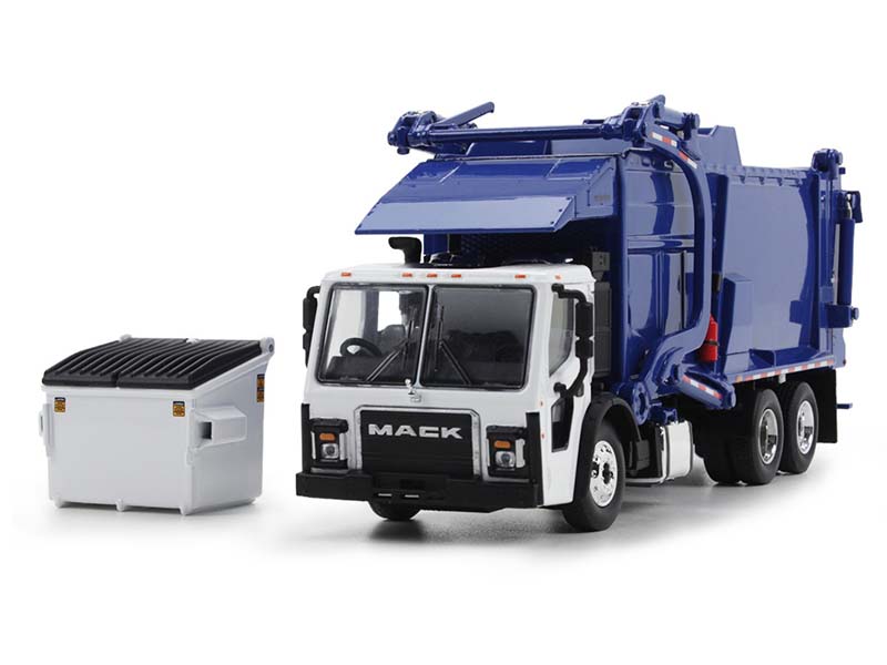 PRE-ORDER Mack LR w/ McNeilus Meridian Front Load Refuse Truck And Trash Bin - White/Blue Diecast 1:64 Scale Model - DCP 60-1797
