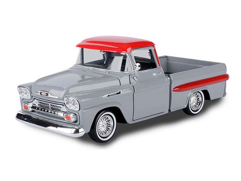 1958 Chevrolet Apache Fleetside Pick Up Grey w/ Red Top Lowrider (Get Low) Diecast 1:24 Scale Model - Motormax 79033GRY