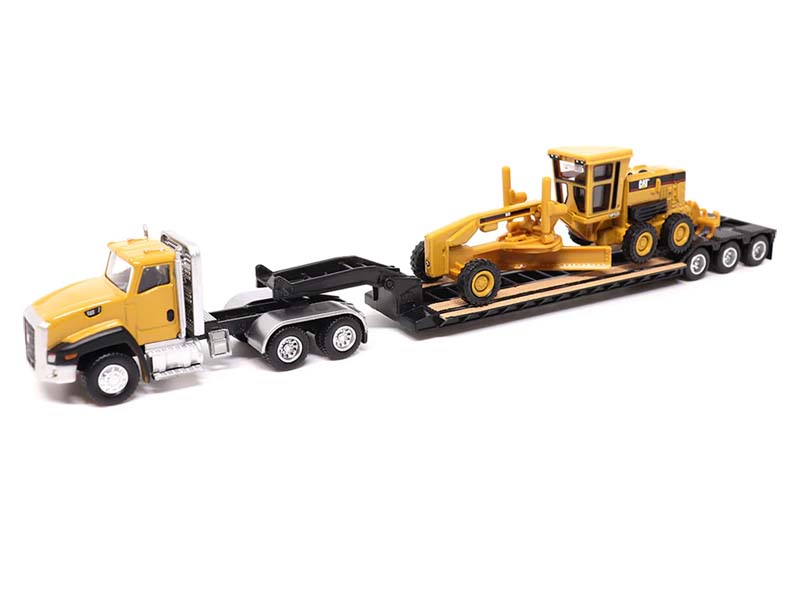 CAT Caterpillar CT660 Day Cab Tractor w/ Lowboy Trailer and Cat 163H Motor Grader 1:87 HO Scale Model - Diecast Masters 84414