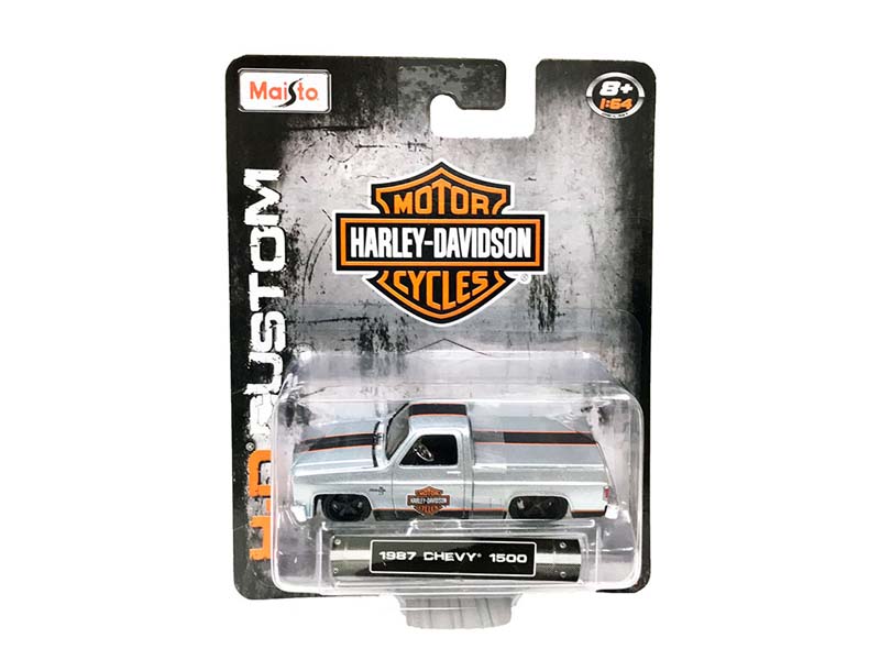 1987 Chevrolet 1500 - Silver w/ Black and Orange Stripes (H-D Custom) Diecast 1:64 Scale Model - Maisto 15380-19B