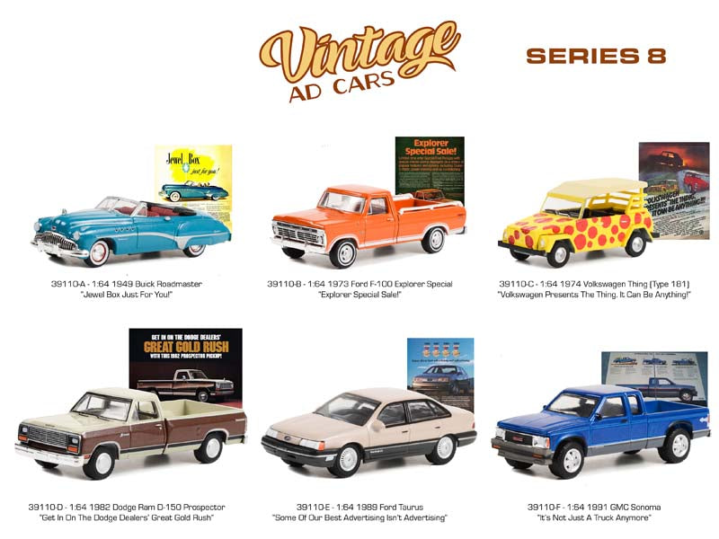 (Vintage Ad Cars) Series 8 SET OF 6 Diecast 1:64 Scale Model Cars - Greenlight 39110