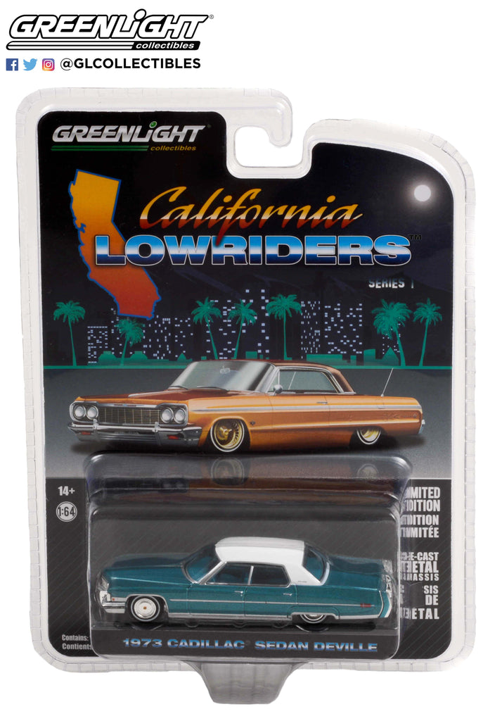 1973 Cadillac Sedan deVille - Teal w/ White Roof "California Lowriders" Series 1 Diecast 1:64 Scale Model Cars - Greenlight 63010F