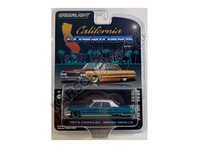 CHASE 1973 Cadillac Sedan deVille - Teal w/ White Roof "California Lowriders" Series 1 Diecast 1:64 Scale Model Cars - Greenlight 63010F