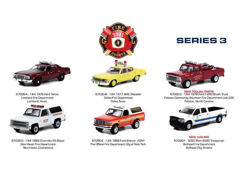 (Fire & Rescue) Series 3 SET OF 6 Diecast 1:64 Scale Model Cars - Greenlight 67030