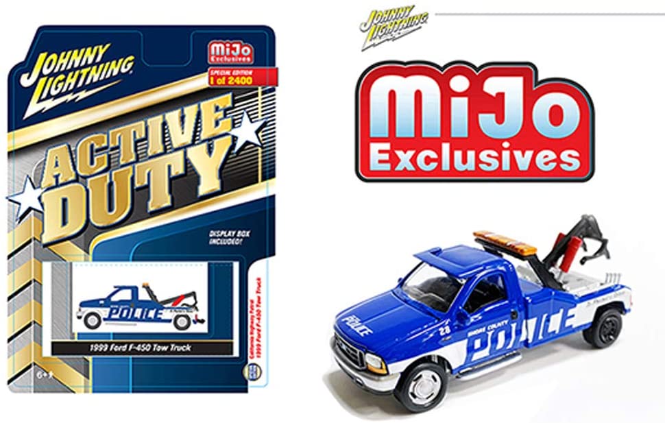 1999 Ford F-450 Police Tow Truck Blue - Active Duty (MiJo Exclusive) Limited Edition Diecast 1:64 Model - Johnny Lightning JLCP7255