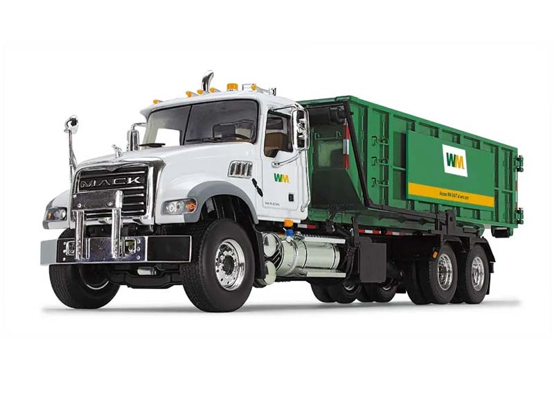 Mack Granite MP w/ Ribbed Roll-Off Container and Large Signboard - Waste Management Diecast 1:34 Scale Model - First Gear 10-4305D