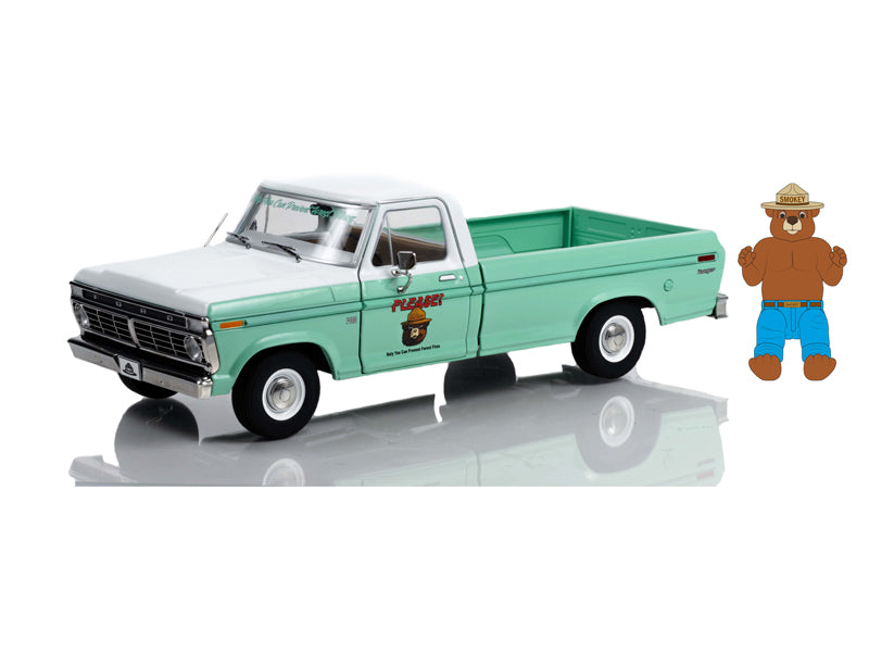 1975 Ford F-100 Forest Service Green w/ Smokey Bear Figure (Only You Can Prevent Wildfires) Diecast 1:18 Scale Model - Greenlight 13636