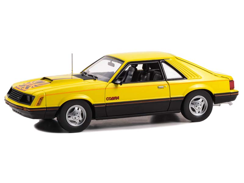 1979 Ford Mustang Cobra Fastback - Bright Yellow w/ Black and Red Cobra Hood Graphics Diecast 1:18 Model Car - Greenlight 13678