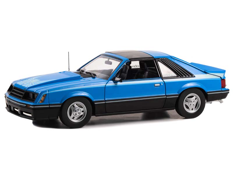 1981 Ford Mustang Cobra T-Top - Medium Blue w/ Light Blue Cobra Hood Graphics and Stripe Treatment Diecast 1:18 Model - Greenlight 13679