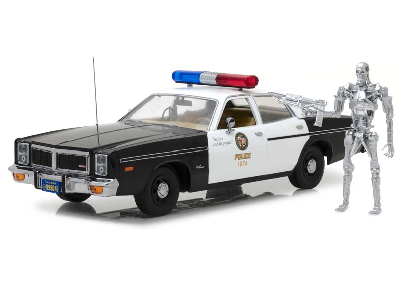 1977 Dodge Monaco Metropolitan Police w/ T-800 Endoskeleton Figure - The Terminator (Artisan Collection) Diecast 1:18 Scale Model - Greenlight 19042
