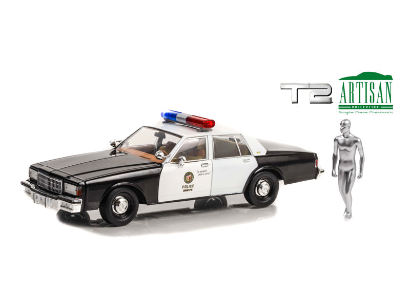 PRE-ORDER 1987 Chevrolet Caprice Metropolitan Police w/ T-1000 Liquid Metal Android Figure (Terminator 2) Diecast 1:18 Model Car - Greenlight 19105