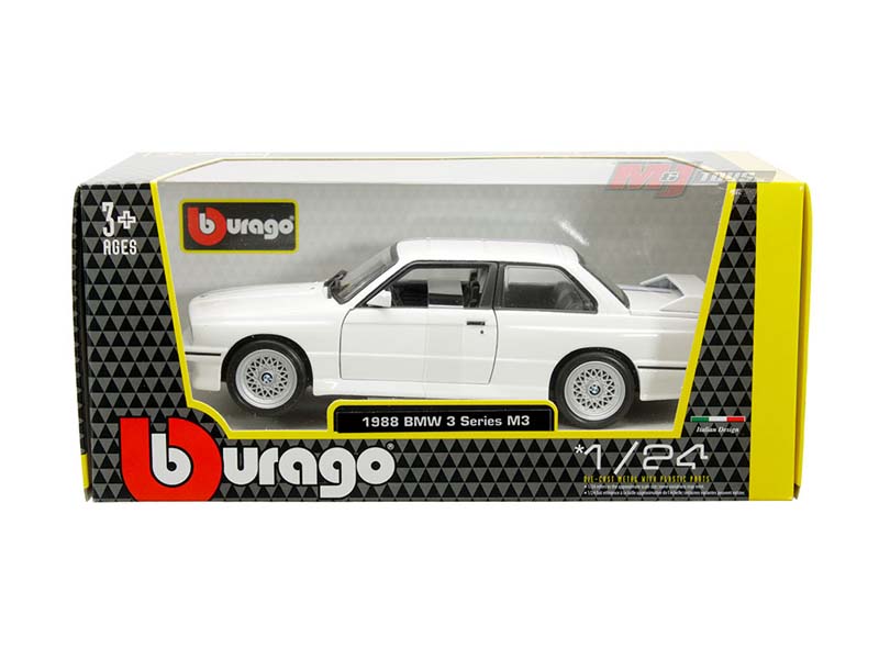 1988 BMW M3 (E30) White w/ M Stripe Diecast 1:24 Scale Model - Bburago 21100WH