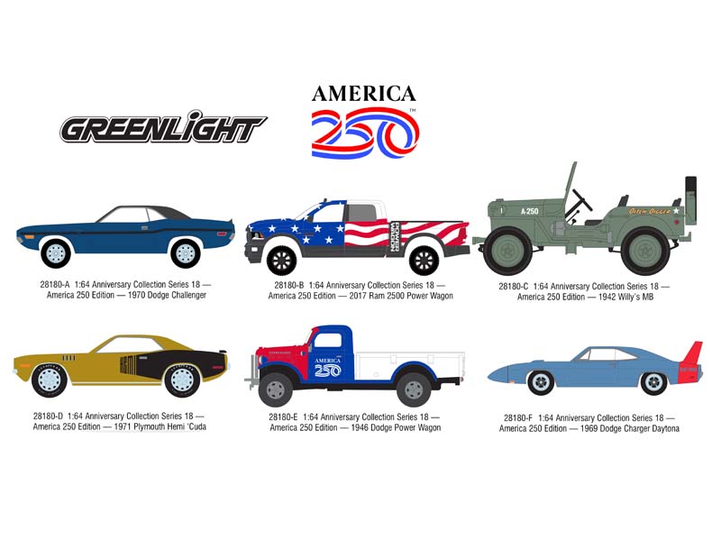 PRE-ORDER (Anniversary Collection Series 18 – America 250 Edition) SET OF 6 Diecast 1:64 Scale Models - Greenlight 28180