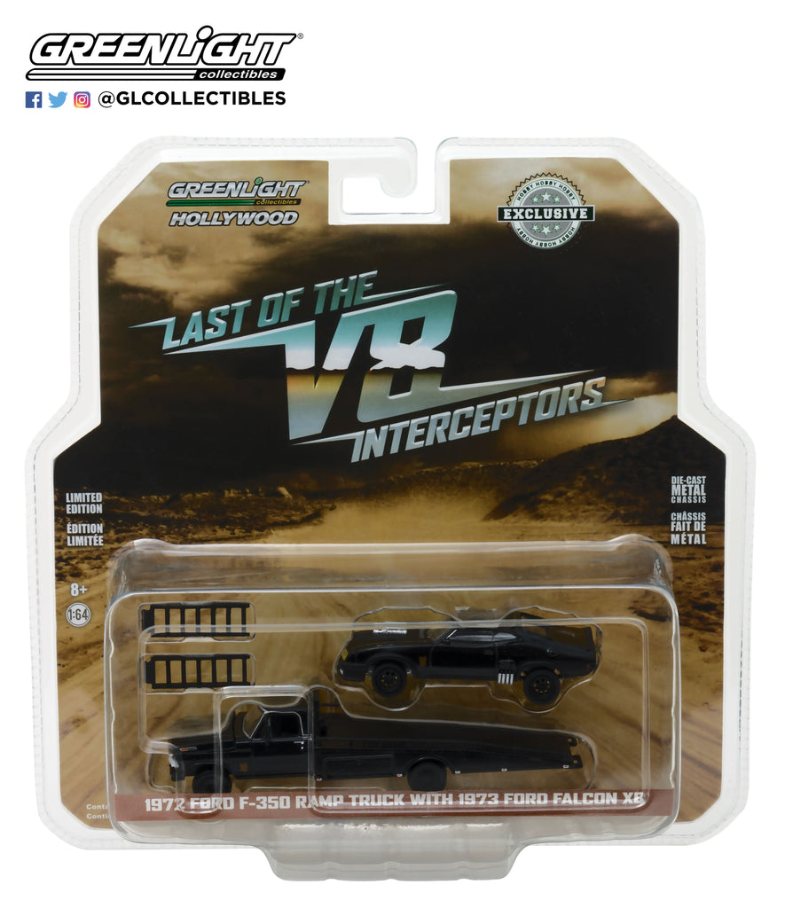 PRE-ORDER - 12 PACK 1972 Ford F-350 Ramp Truck w/ Last of the V8 Interceptors 1973 Ford Falcon XB Diecast 1:64 Scale Model - Greenlight 29925
