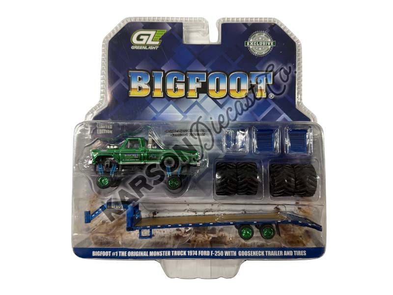 CHROME CHASE 1974 Ford F-250 Monster Truck Bigfoot #1 w/ Gooseneck Trailer and Replacement 66 Tires Diecast 1:64 Model - Greenlight 30054