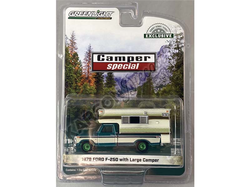 CHASE 1978 Ford F-250 w/ Large Camper - Dark Jade Metallic & Wimbledon White (Hobby Exclusive) Diecast 1:64 Scale Model - Greenlight 30337