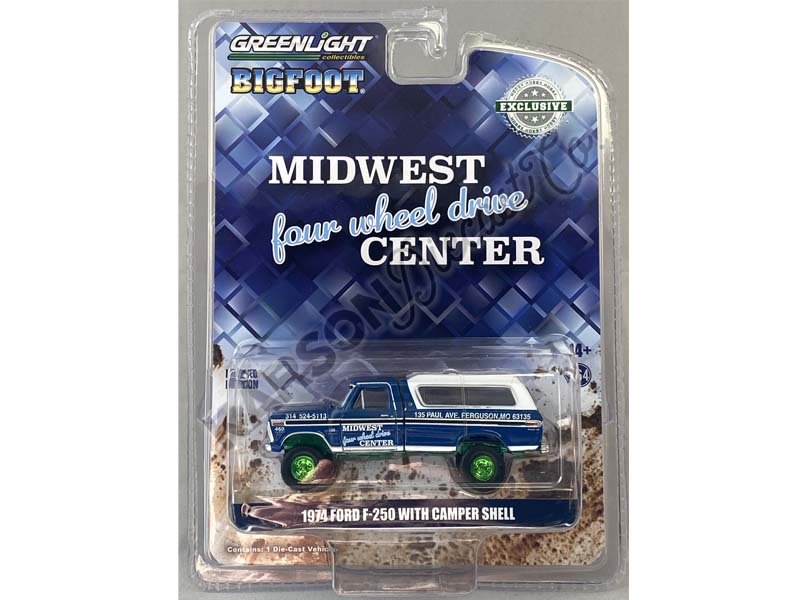 CHASE 1974 Ford F-250 w/ Camper Shell - Midwest Four Wheel Drive Center (Hobby Exclusive) Diecast 1:64 Scale Model - Greenlight 30345