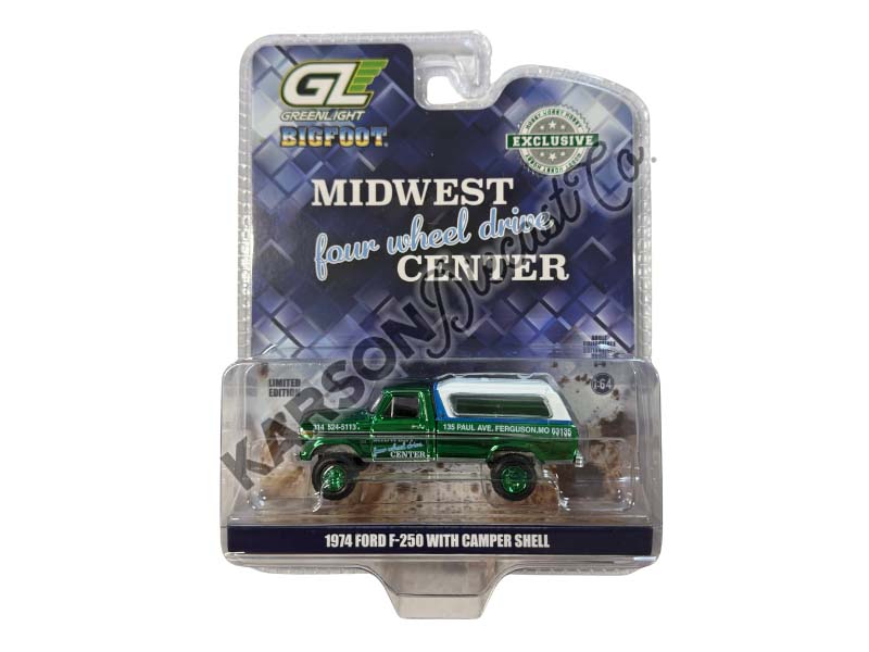 CHROME CHASE 1974 Ford F-250 w/ Camper Shell - Midwest Four Wheel Drive Center Diecast 1:64 Scale Model - Greenlight 30345