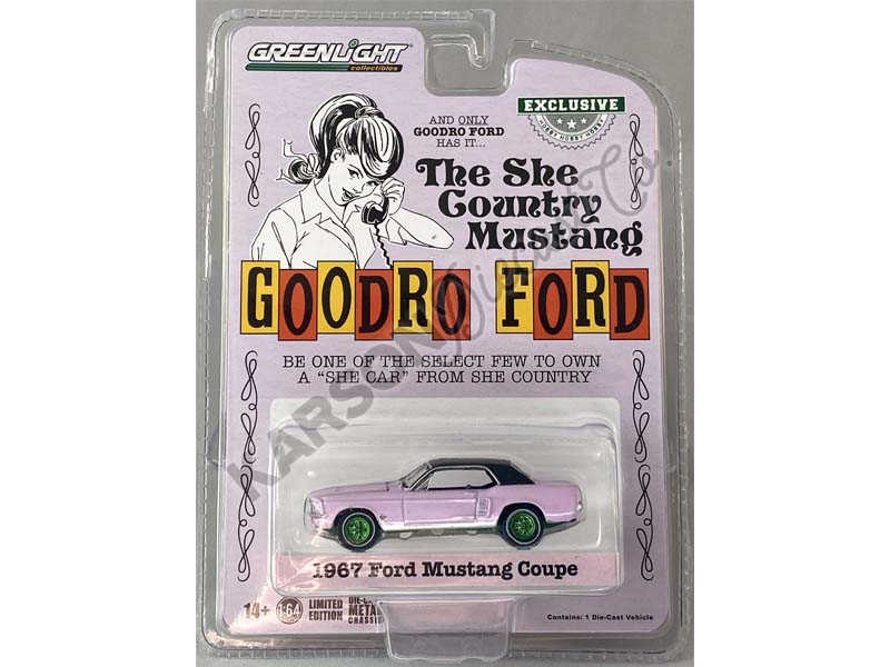 CHASE 1967 Ford Mustang Coupe - She Country Special Evening Orchid (Hobby Exclusive) Diecast 1:64 Scale Model - Greenlight 30352