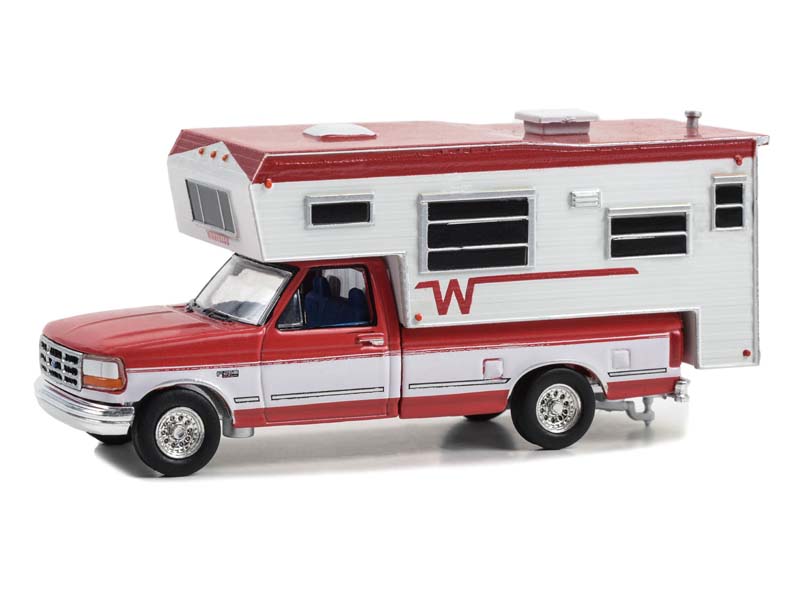 1995 Ford F-250 Long Bed w/ Winnebago Slide-In Camper - Bright Red and White (Hobby Exclusive) Diecast 1:64 Scale Model - Greenlight 30449