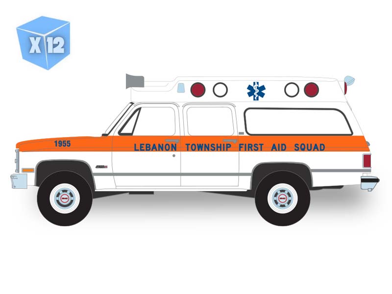 PRE-ORDER - 12 PACK 1984 GMC Suburban 2500 Sierra Classic Ambulance - Lebanon Township, New Jersey First Aid Squad Diecast 1:64 Scale Model - Greenlight 30509