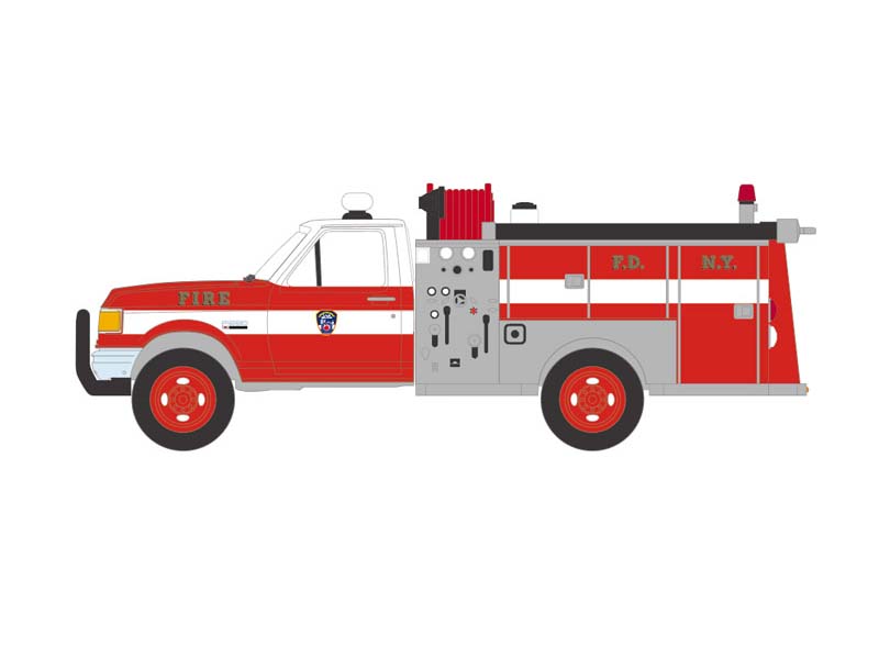 6 PACK 1987 Ford F-350 Mini Pumper Fire Truck – FDNY 160th Anniversary Edition (Hobby Exclusive) Diecast 1:64 Scale Model - Greenlight 30550