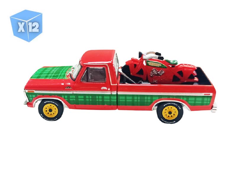 PRE-ORDER - 12 PACK 1978 Ford F-250 w/ Vintage Motorcycle (Christmas 2025 Limited Edition) Diecast 1:64 Scale Model - Greenlight 30564E