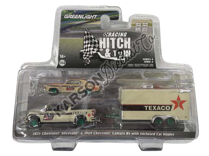 CHASE 2021 Chevrolet Silverado and 1969 Chevrolet Camaro RS - Texaco #18 - (Racing Hitch & Tow Series 4) Diecast 1:64 Scale Model - Greenlight 31140C