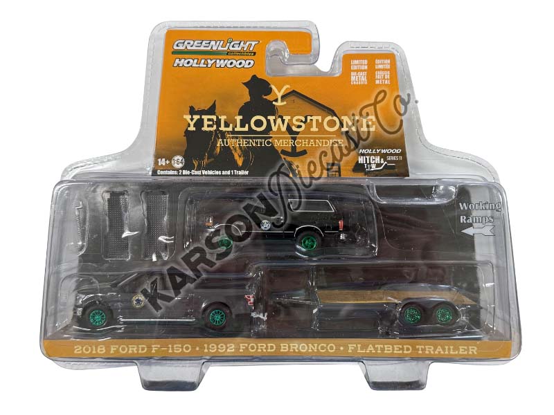 CHASE 2018 Ford F-150 Montana Livestock Assoc. w/ 1992 Ford Bronco - Yellowstone (Hollywood Hitch & Tow Series 11) Diecast 1:64 Model - Greenlight 31150C