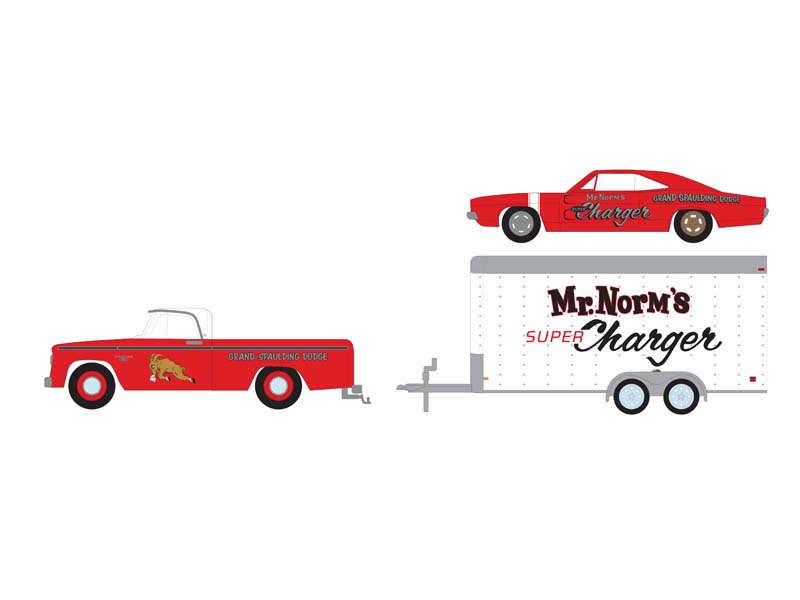 PRE-ORDER 1966 Dodge D-100 - 1969 Dodge Charger – Mr. Norm’s w/ Enclosed Car Hauler (Racing Hitch & Tow Series 5) Diecast 1:64 Scale Model - Greenlight 31170A