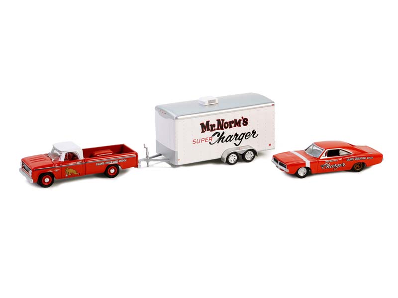 PRE-ORDER 1966 Dodge D-100 - 1969 Dodge Charger – Mr. Norm’s w/ Enclosed Car Hauler (Racing Hitch & Tow Series 5) Diecast 1:64 Scale Model - Greenlight 31170A