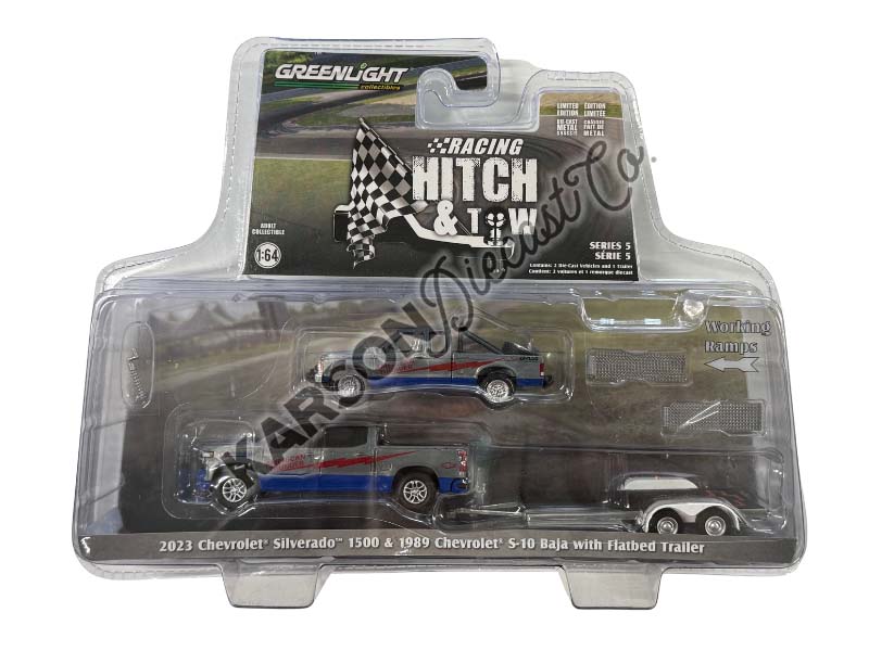 RAW CHASE 2023 Chevrolet Silverado 1500 - 1989 Chevrolet S-10 Baja w/ Flatbed Trailer (Racing Hitch & Tow Series 5) Diecast 1:64 Scale Model - Greenlight 31170C
