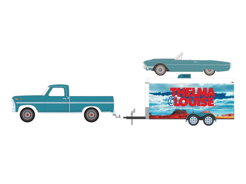 PRE-ORDER 1966 Ford Thunderbird Convertible w/ 1967 Ford F-250 & Car Hauler (Hollywood Hitch & Tow Series 13) Diecast 1:64 Scale Models - Greenlight 31180B