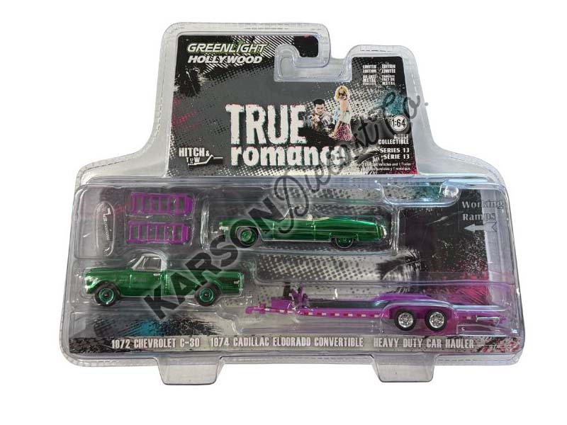 CHROME CHASE 1974 Cadillac Eldorado Convertible w/ 1972 Chevrolet C30 & Car Hauler (Hollywood Hitch & Tow Series 13) Diecast 1:64 Scale Model - Greenlight 31180C