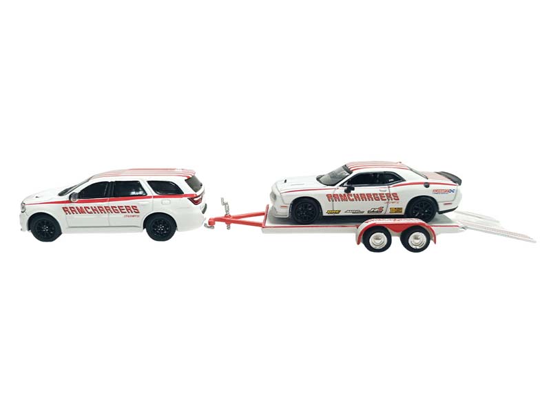 PRE-ORDER 2018 Dodge Durango and 2016 Dodge Challenger SRT/Hellcat w/ Flatbed Trailer (Racing Hitch & Tow Series 6) Diecast 1:64 Scale Model - Greenlight 31190B