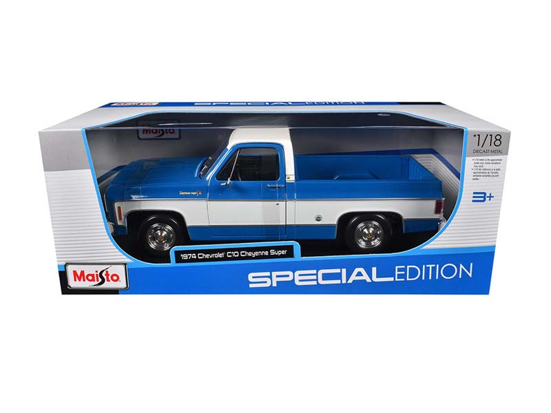 1974 Chevrolet C10 Cheyenne Super – Blue White Two Tone Diecast 1:18 Scale Model - Maisto 31467BL