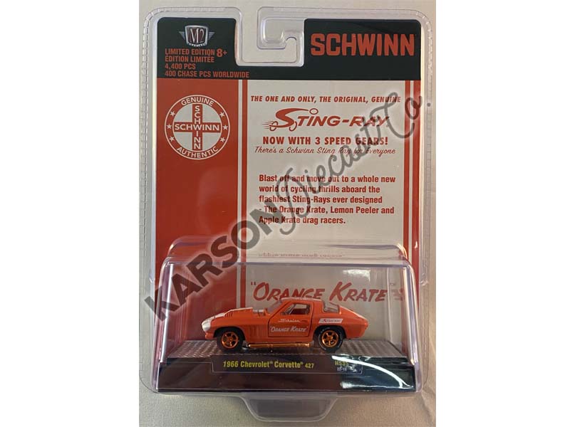 CHASE 1966 Chevrolet Corvette 427 Schwinn Orange Krate (Hobby Exclusive Auto-Thentics) Diecast 1:64 Scale Model - M2 Machines 31500-HS35