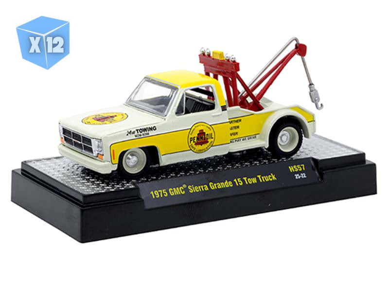 12 PACK 1975 GMC Sierra Grande 15 Tow Truck Penzoil – Yellow Diecast 1:64 Scale Model - M2 Machines 31500-HS57