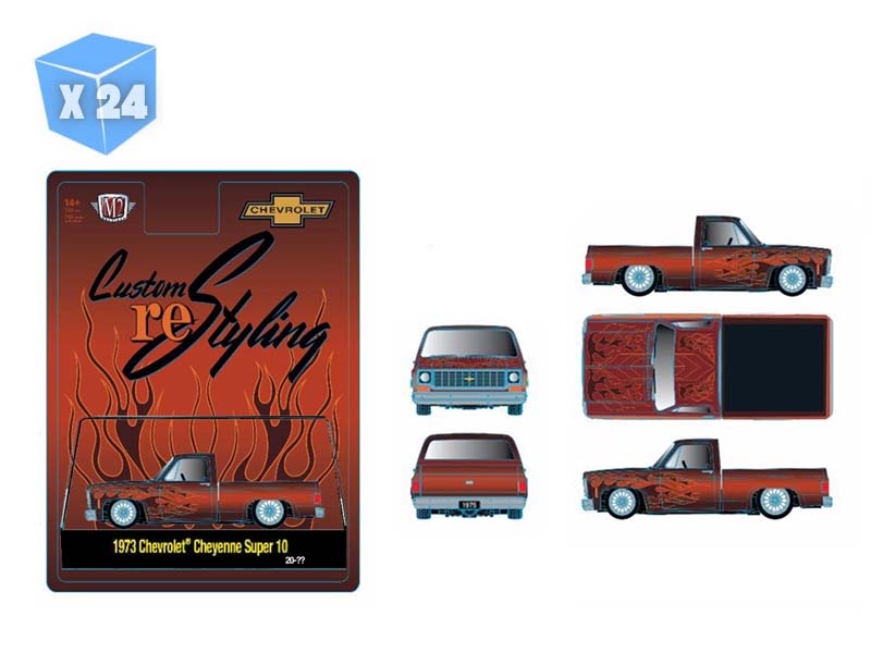 PRE-ORDER - 24 PACK 1973 Chevrolet Cheyenne Super 10 Custom Re Styling – Brown w/ Flames Diecast 1:64 Scale Model - M2 Machines 31500-HS70