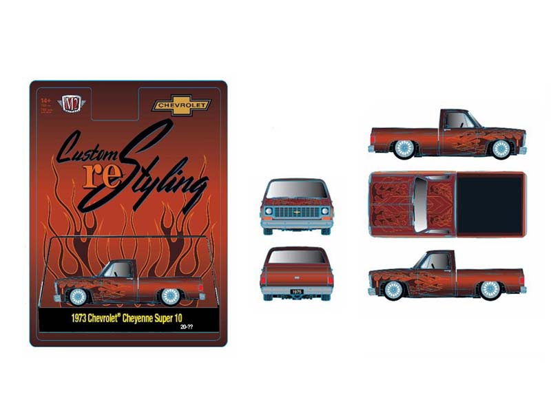 PRE-ORDER 1973 Chevrolet Cheyenne Super 10 Custom Re Styling – Brown w/ Flames Diecast 1:64 Scale Model - M2 Machines 31500-HS70