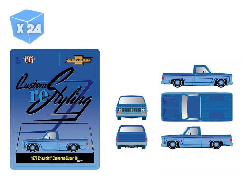 PRE-ORDER - 24 PACK 1973 Chevrolet Cheyenne Super 10 Custom Re Styling – Blue Diecast 1:64 Scale Model - M2 Machines 31500-HS71