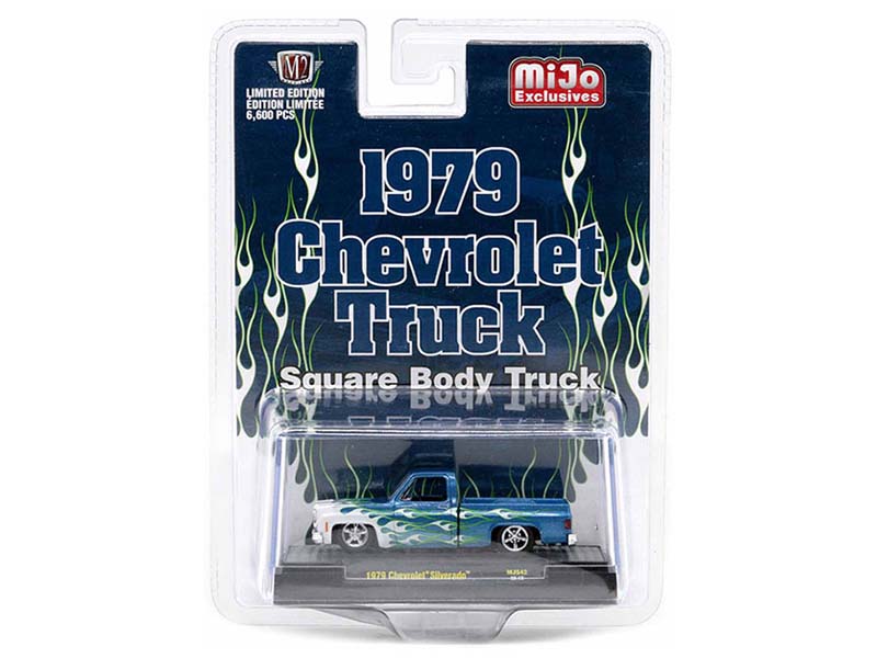 CHASE 1979 Chevrolet Silverado Pickup Truck - Blue w/ Flames (MiJo Exclusives) Diecast 1:64 Scale Model - M2 Machines 31500-MJS42