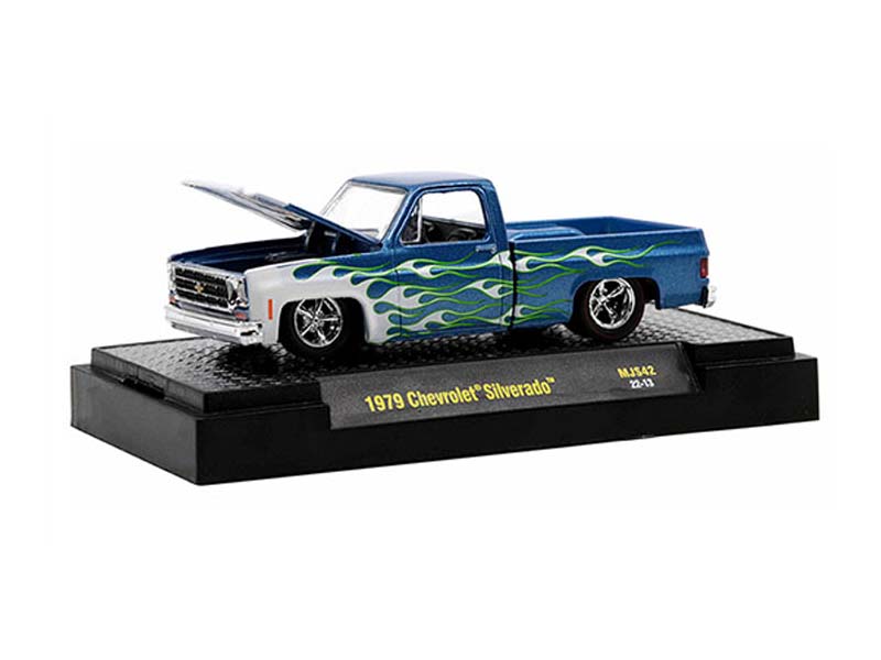 CHASE 1979 Chevrolet Silverado Pickup Truck - Blue w/ Flames (MiJo Exclusives) Diecast 1:64 Scale Model - M2 Machines 31500-MJS42
