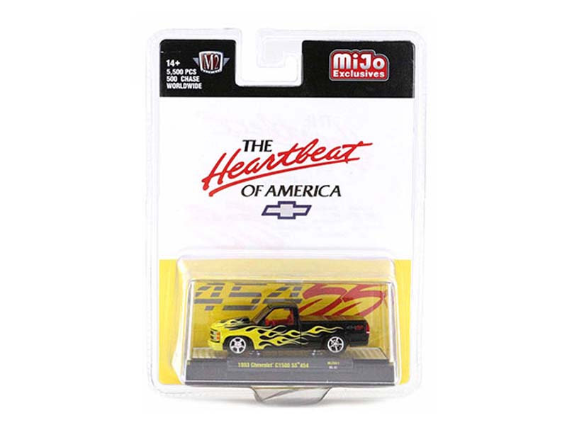 CHASE 1993 Chevrolet C1500 454SS Pickup - Custom Black w/ Yellow Flames (Mijo Exclusives) Diecast 1:64 Scale Model - M2 Machines 31500-MJS61