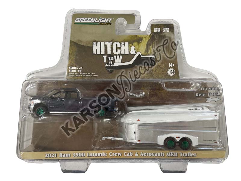 CHASE 2021 Ram 3500 Laramie Crew Cab Maximum Steel Metallic w/ Aerovault MKII Trailer (Hitch & Tow Series 24) Diecast 1:64 Scale Model - Greenlight 32240D