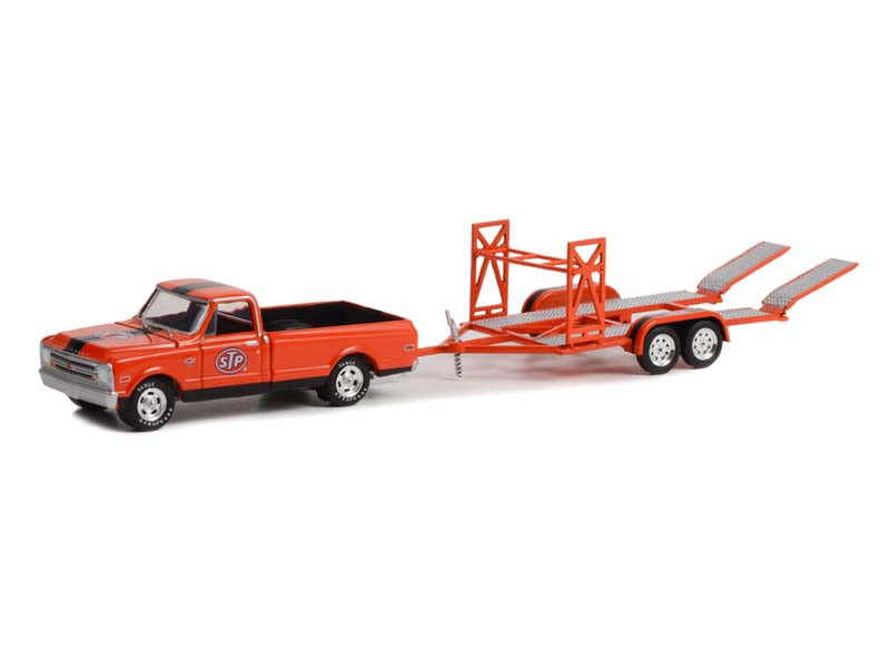 1968 Chevrolet C-10 STP w/ Bed Cover and STP Tandem Car Trailer - (Hitch & Tow) Series 26 Diecast 1:64 Model - Greenlight 32260B