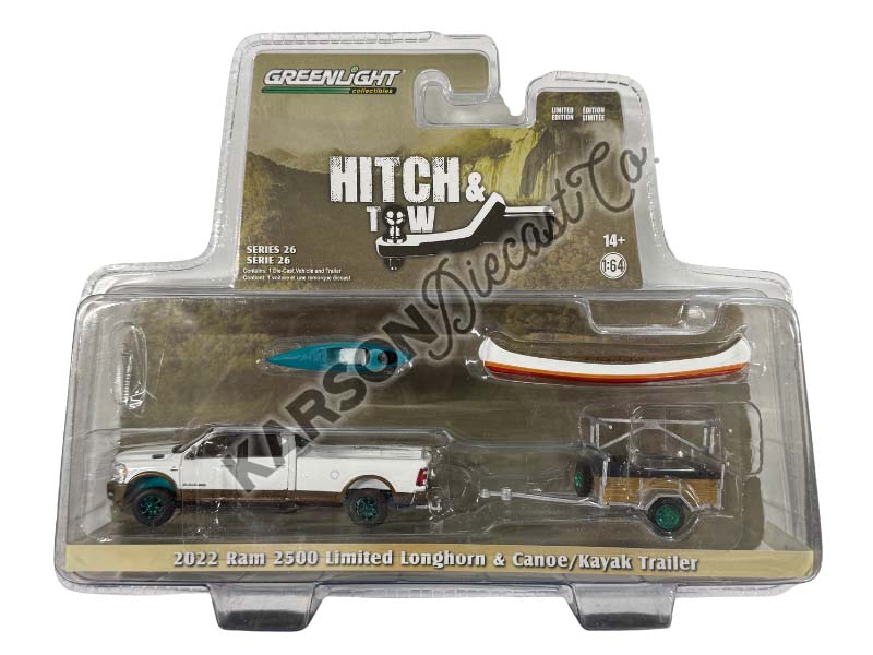 CHASE 2022 Ram 2500 Limited Longhorn Bright White w/ Canoe Trailer & Rack (Hitch & Tow Series 26) Diecast 1:64 Model - Greenlight 32260D