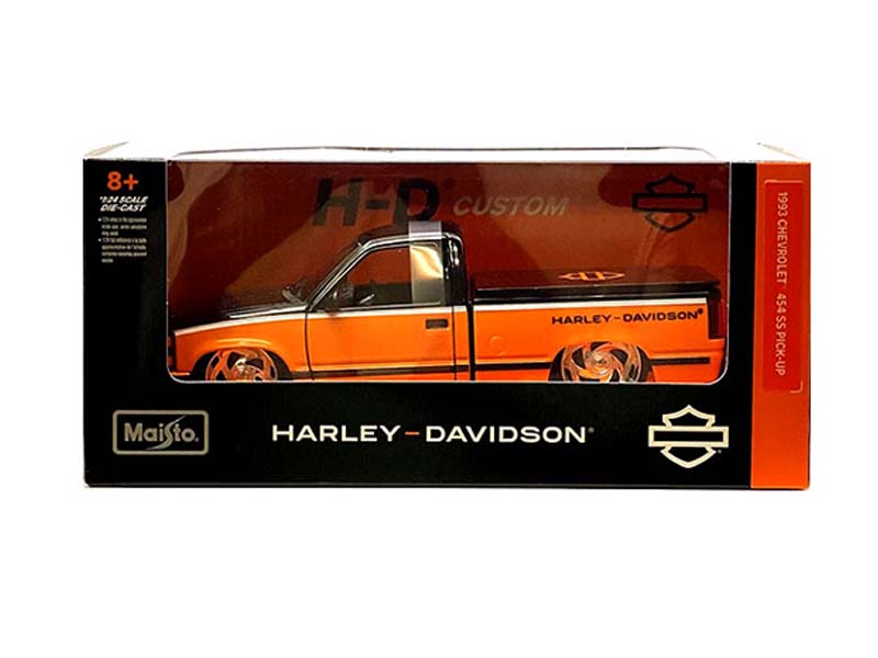 1993 Chevrolet 454SS Pick-Up – Black/Orange Two-Tone (Harley-Davidson Custom) Diecast 1:24 Scale Model - Maisto 32274OR