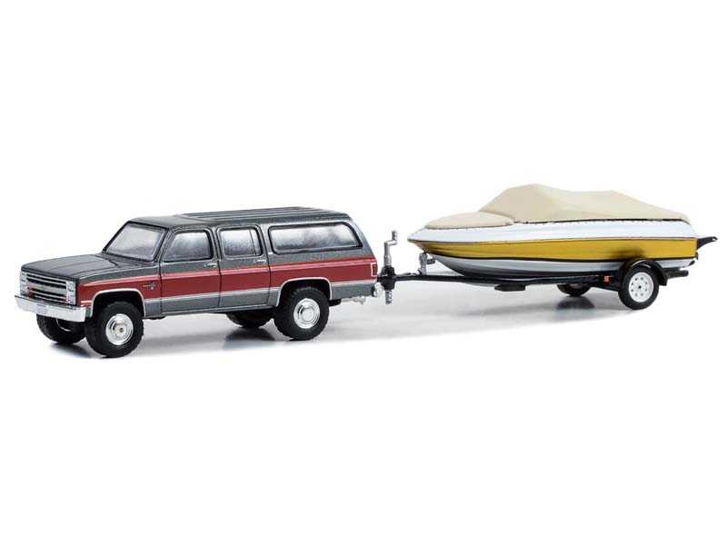 1987 Chevrolet Suburban K20 Silverado w/ Boat and Boat Trailer (Hitch & Tow) Series 29 Diecast 1:64 Scale Model - Greenlight 32290B