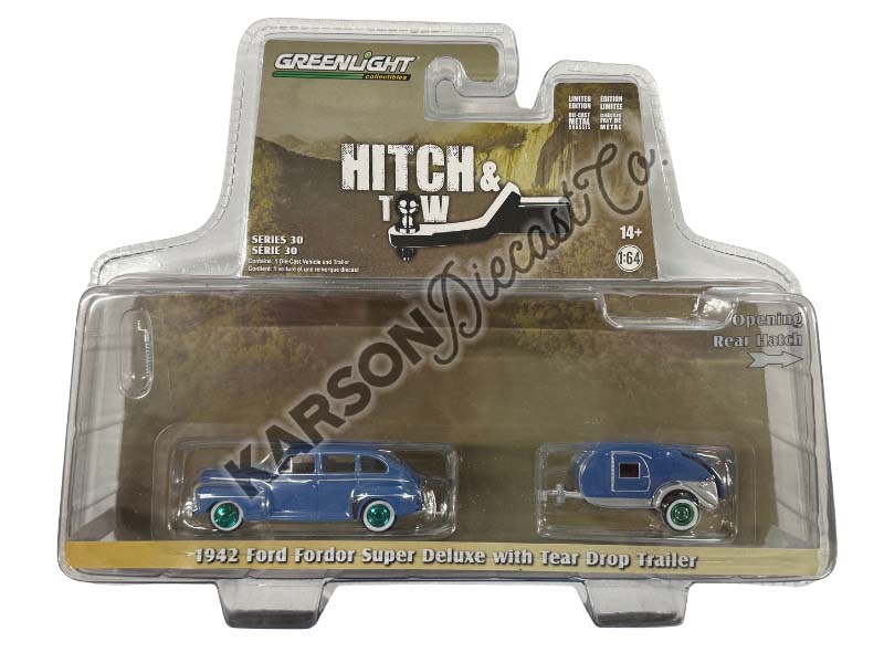 CHASE 1942 Ford Fordor Super Deluxe w/ Tear Drop Trailer – Florentine Blue (Hitch & Tow Series 30) Diecast 1:64 Scale Model - Greenlight 32300A